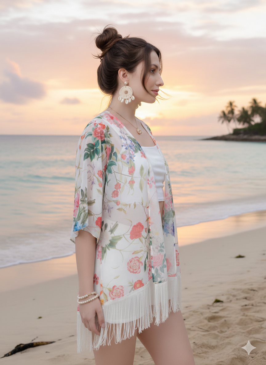 Floral Fringe Beach Kimono