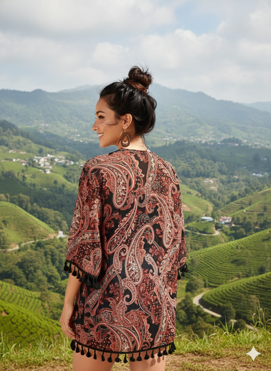 Rust Paisley Tassel Kimono