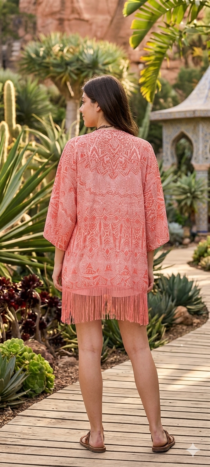 Coral Fringe Boho Kimono