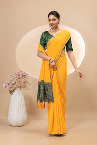 Mustard Yellow Georgette Saree with Green Sequin Blouse | Designer Festive Saree