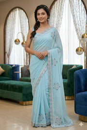 Sky Blue Georgette Saree with Silver Stone Work | Designer Party Wear Saree