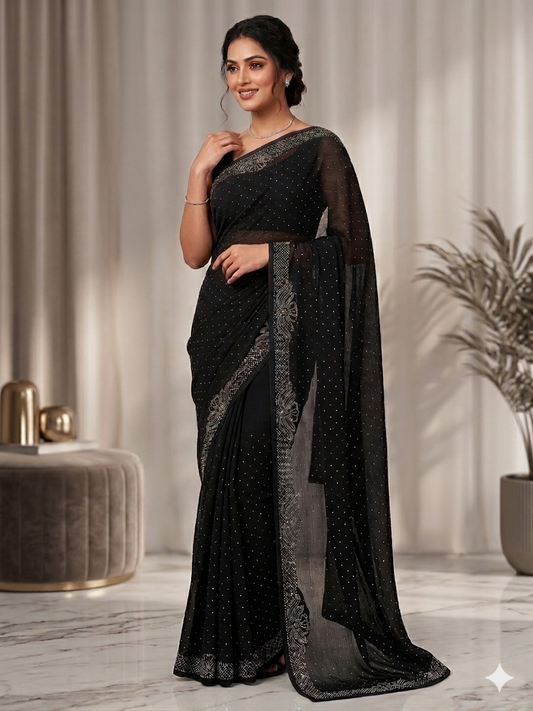 Women’s Black Georgette Saree with Silver Stone Work Border | Party Wear Designer Saree for Wedding & Festive Collection