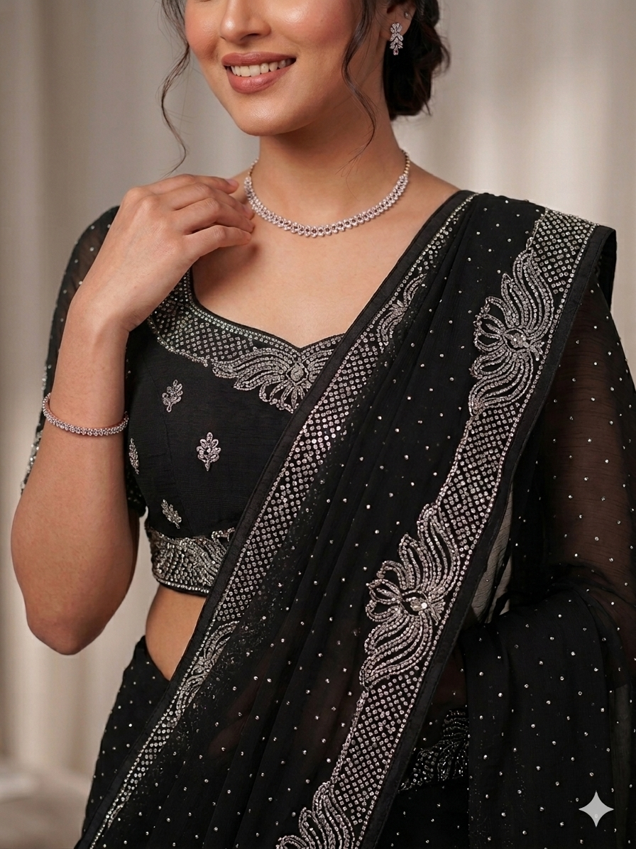 Women’s Black Georgette Saree with Silver Stone Work Border | Party Wear Designer Saree for Wedding & Festive Collection