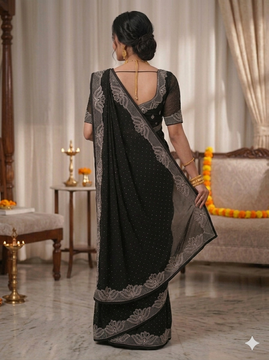 Women’s Black Georgette Saree with Silver Stone Work Border | Party Wear Designer Saree for Wedding & Festive Collection