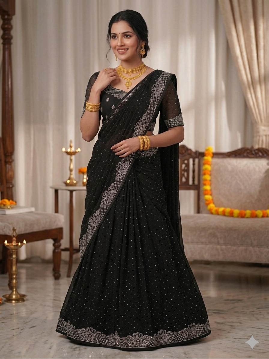 Women’s Black Georgette Saree with Silver Stone Work Border | Party Wear Designer Saree for Wedding & Festive Collection