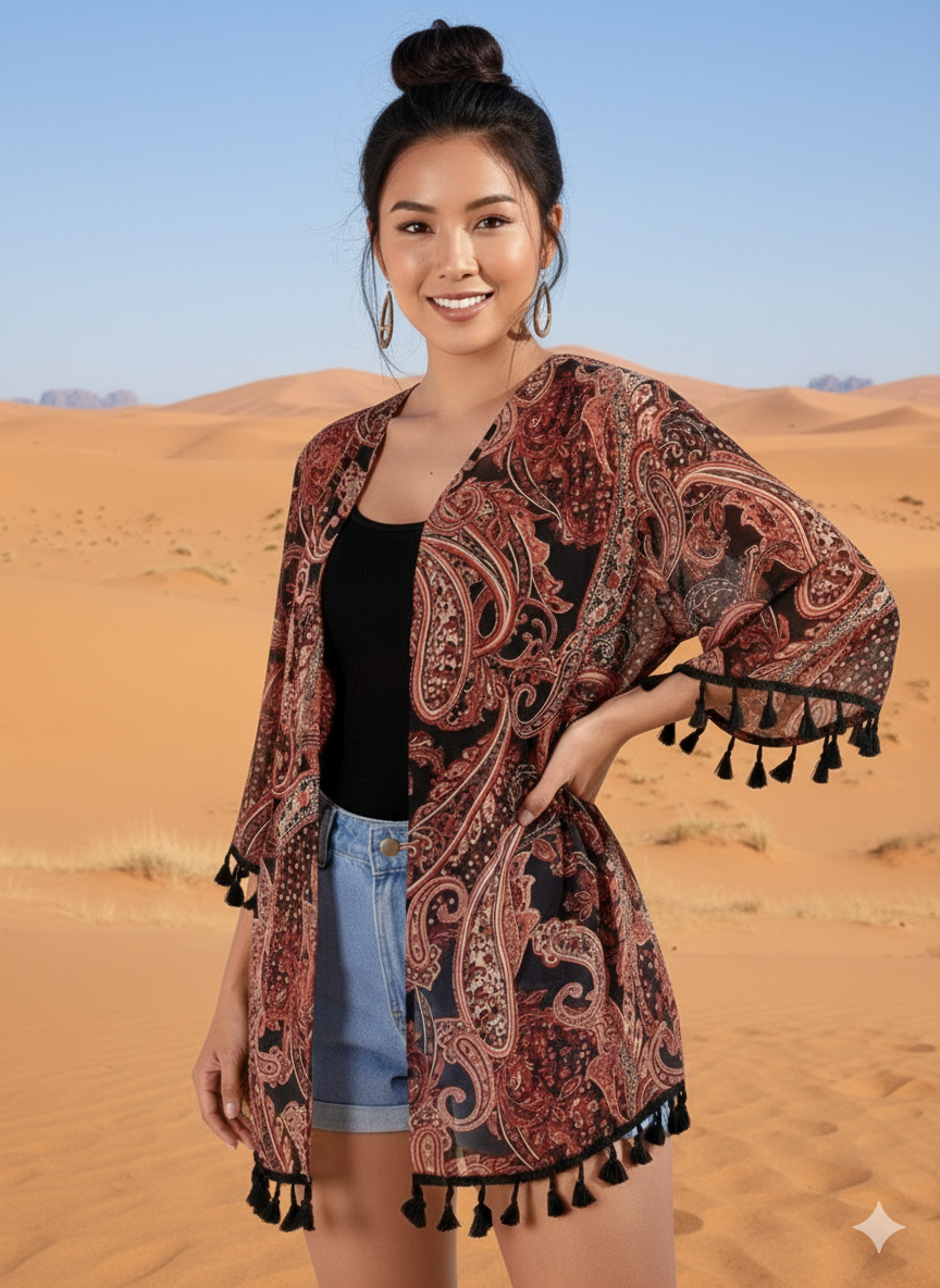 Boho Paisley Tassel Kimono Cover-Up for Women