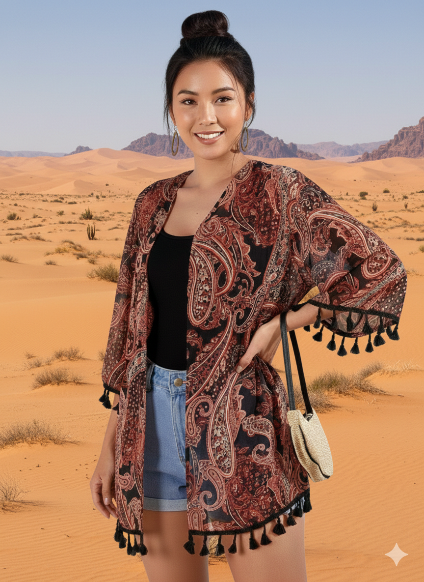 Boho Paisley Tassel Kimono Cover-Up for Women