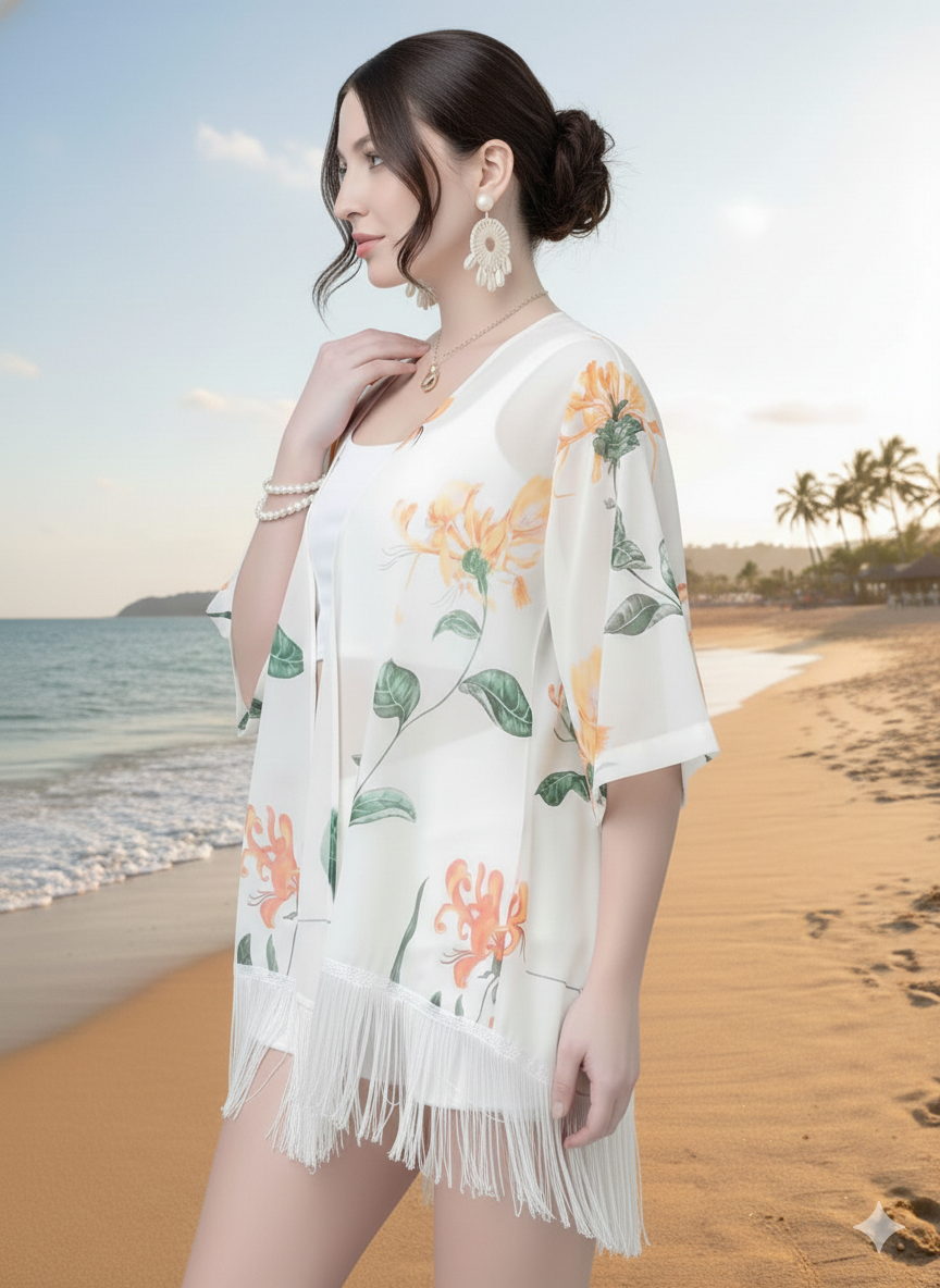 Floral Fringe Beach Kimono