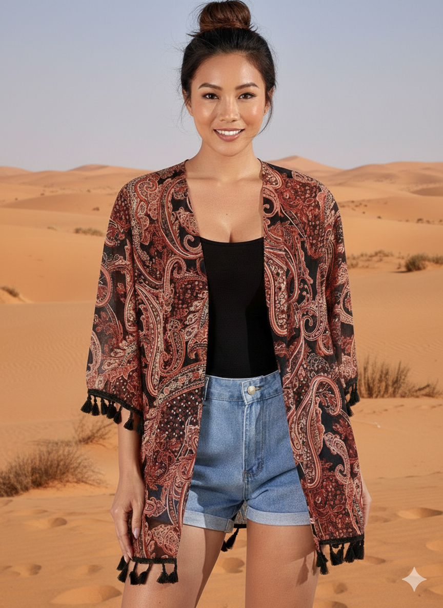 Boho Paisley Tassel Kimono Cover-Up for Women