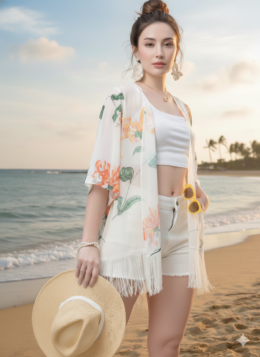 Floral Fringe Beach Kimono