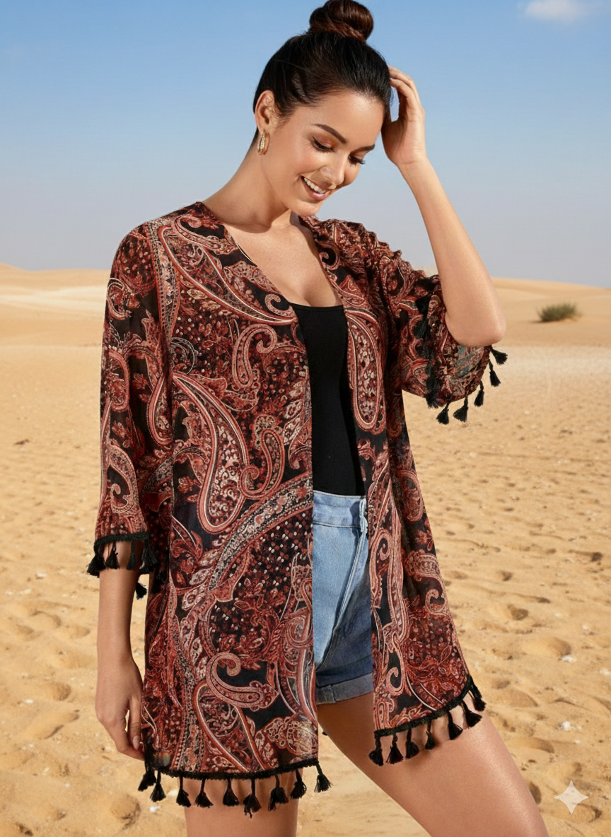 Boho Paisley Tassel Kimono Cover-Up for Women
