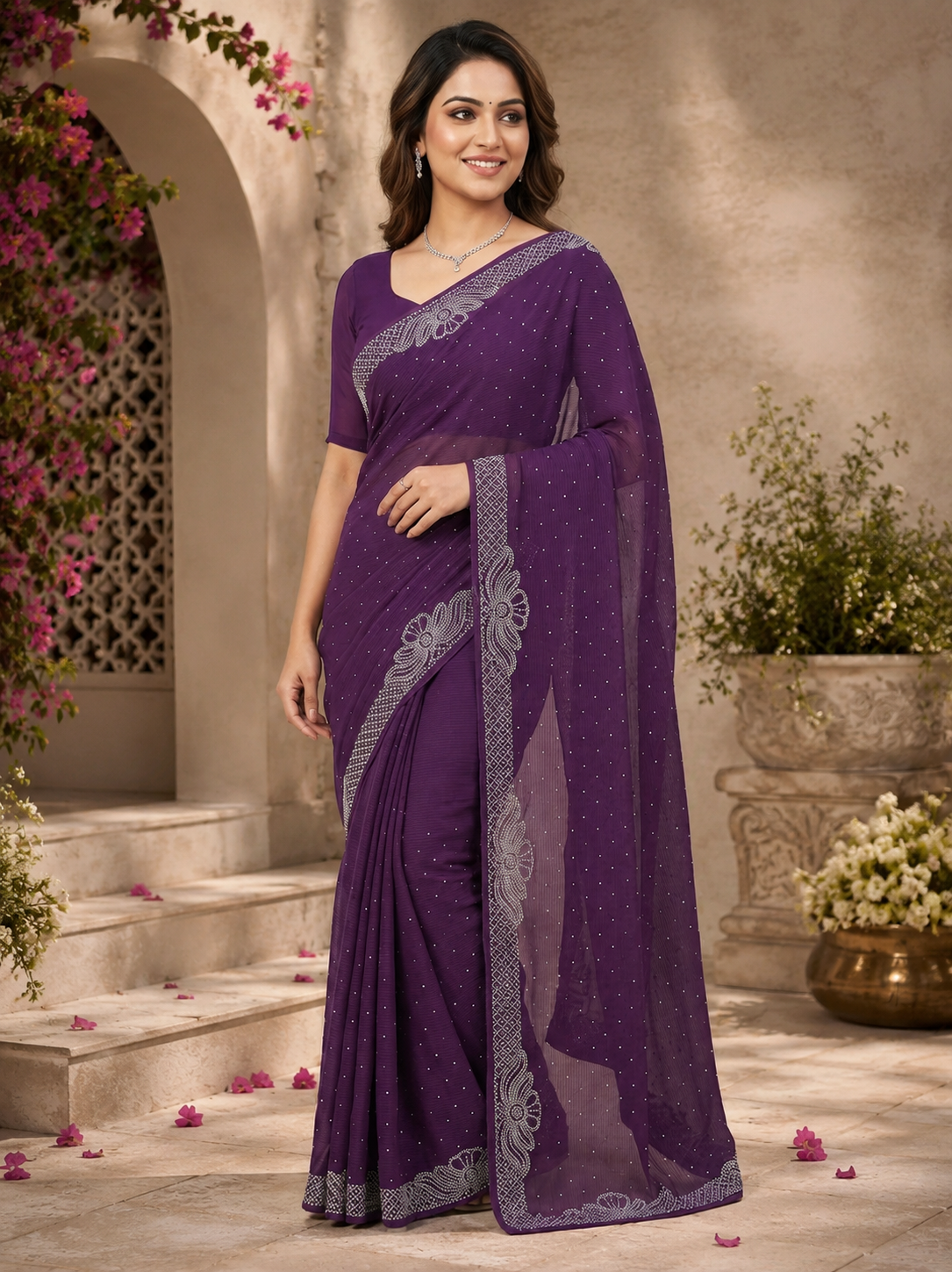 Women’s Wine Georgette Saree with Silver Embroidery Border | Designer Party Wear Saree for Wedding & Festive Collection