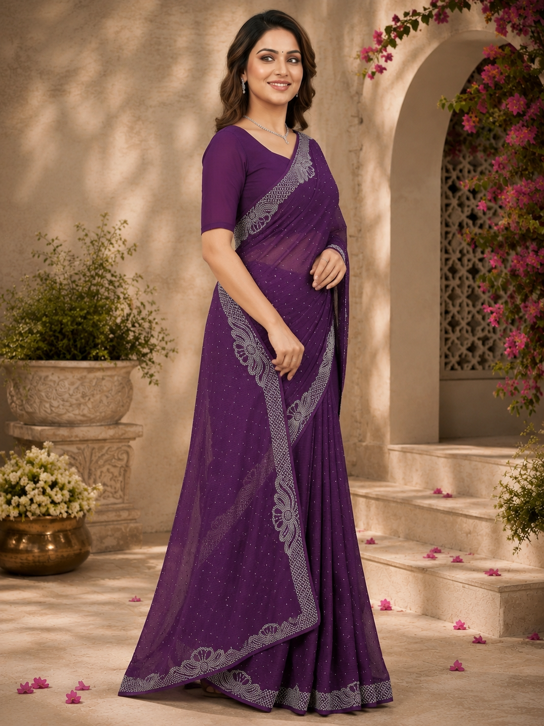 Women’s Wine Georgette Saree with Silver Embroidery Border | Designer Party Wear Saree for Wedding & Festive Collection