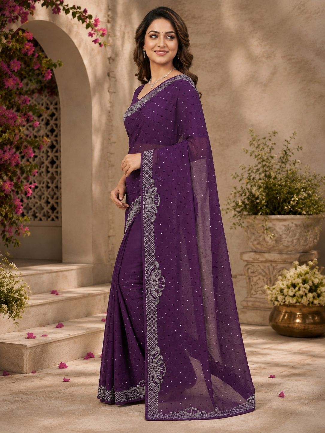 Women’s Wine Georgette Saree with Silver Embroidery Border | Designer Party Wear Saree for Wedding & Festive Collection