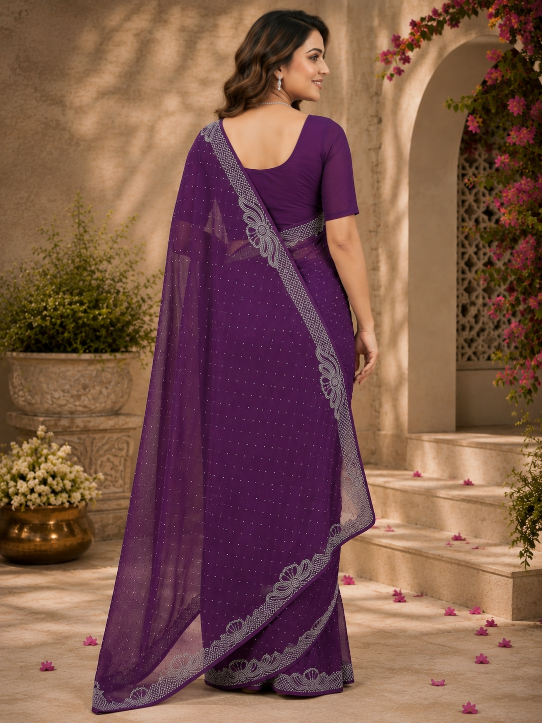Women’s Wine Georgette Saree with Silver Embroidery Border | Designer Party Wear Saree for Wedding & Festive Collection