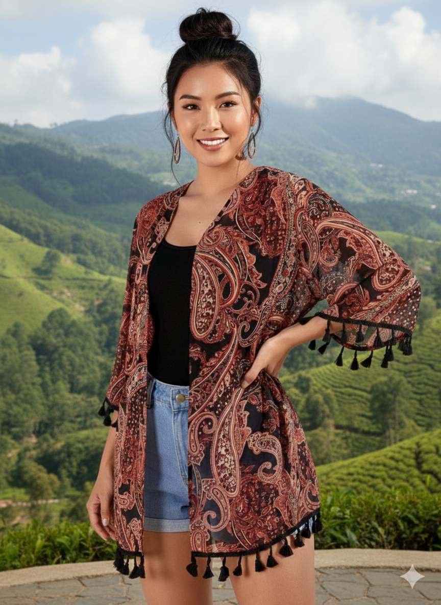 Rust Paisley Tassel Kimono