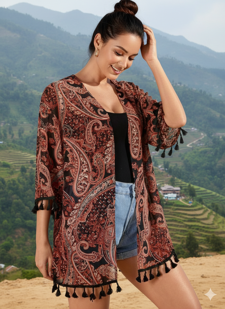 Rust Paisley Tassel Kimono