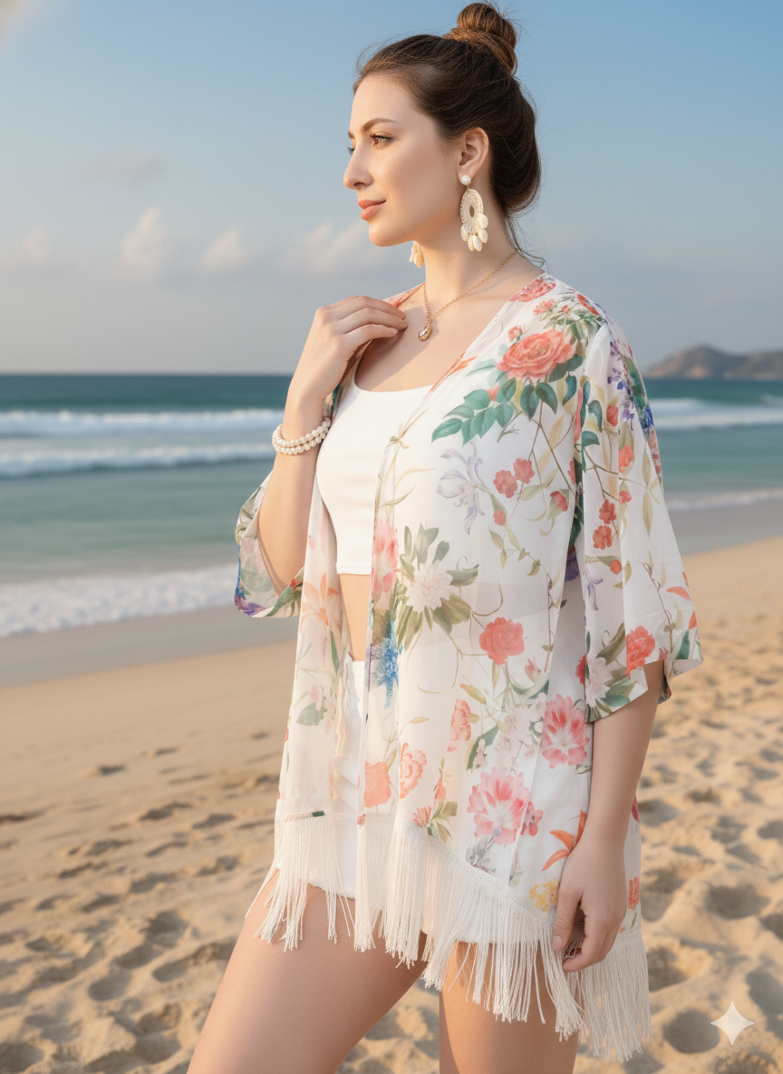 Floral Fringe Beach Kimono for Women | Summer Resort Wear | Kalaकन्या