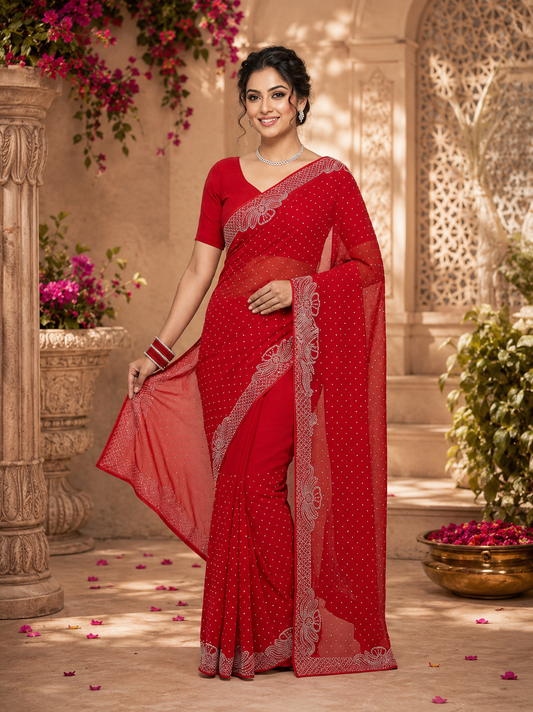 Women’s Red Georgette Saree with Silver Stone Work Border | Designer Party Wear Saree for Wedding & Festive Collection