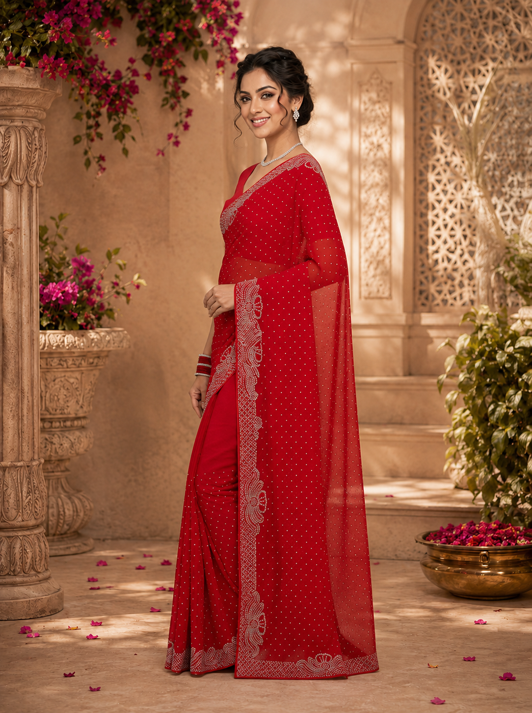 Women’s Red Georgette Saree with Silver Stone Work Border | Designer Party Wear Saree for Wedding & Festive Collection