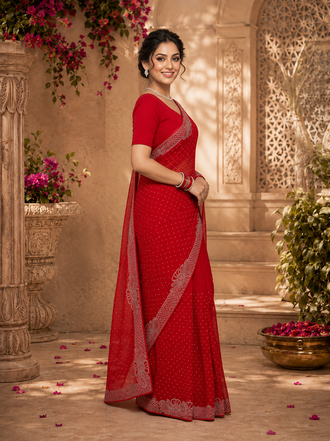 Women’s Red Georgette Saree with Silver Stone Work Border | Designer Party Wear Saree for Wedding & Festive Collection