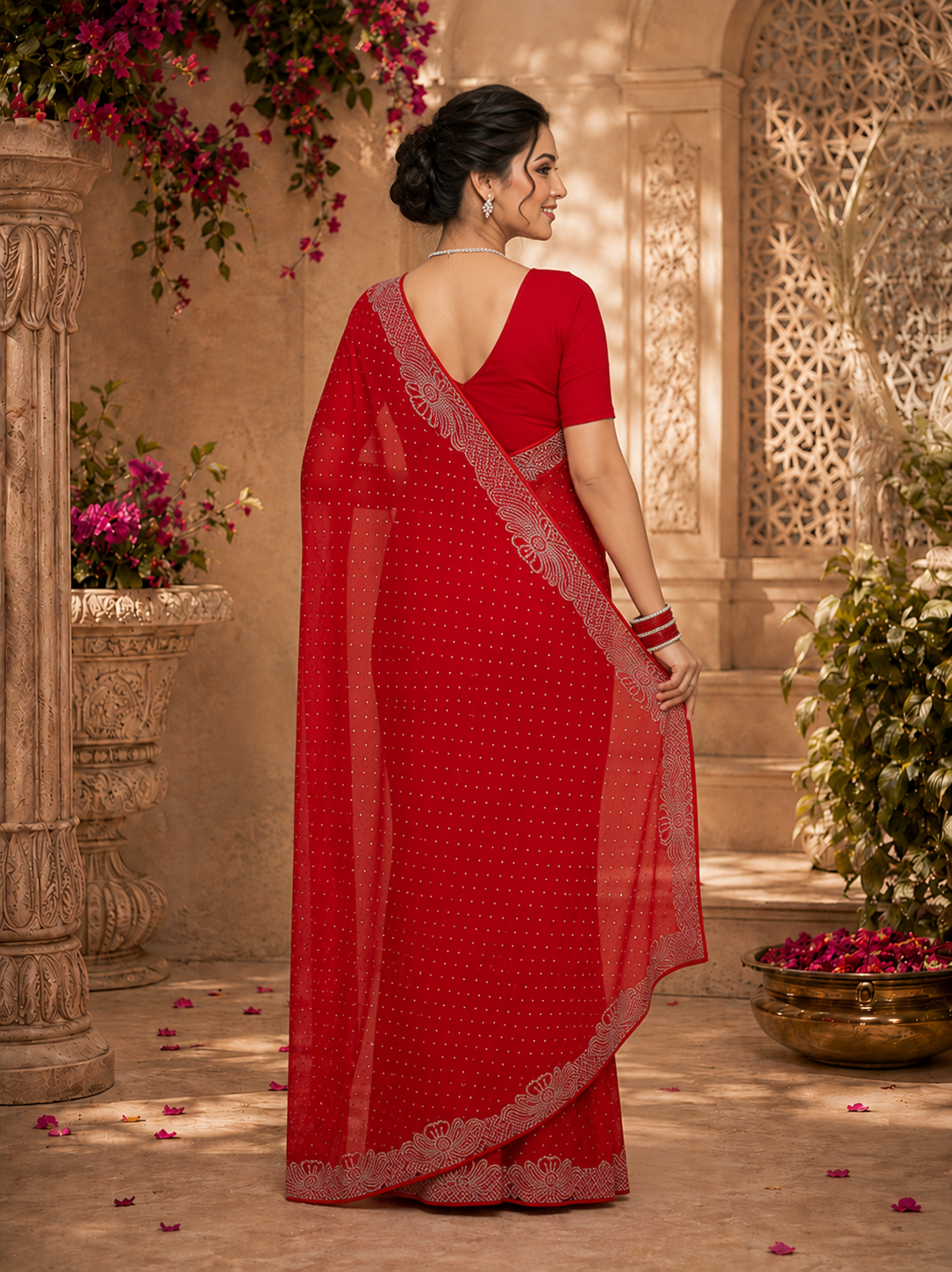Women’s Red Georgette Saree with Silver Stone Work Border | Designer Party Wear Saree for Wedding & Festive Collection