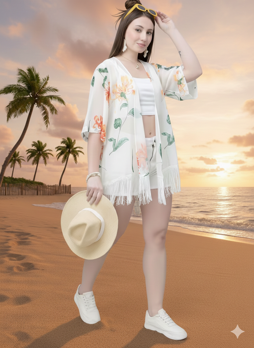 Floral Fringe Beach Kimono for Women | Summer Resort Wear | Kalaकन्या