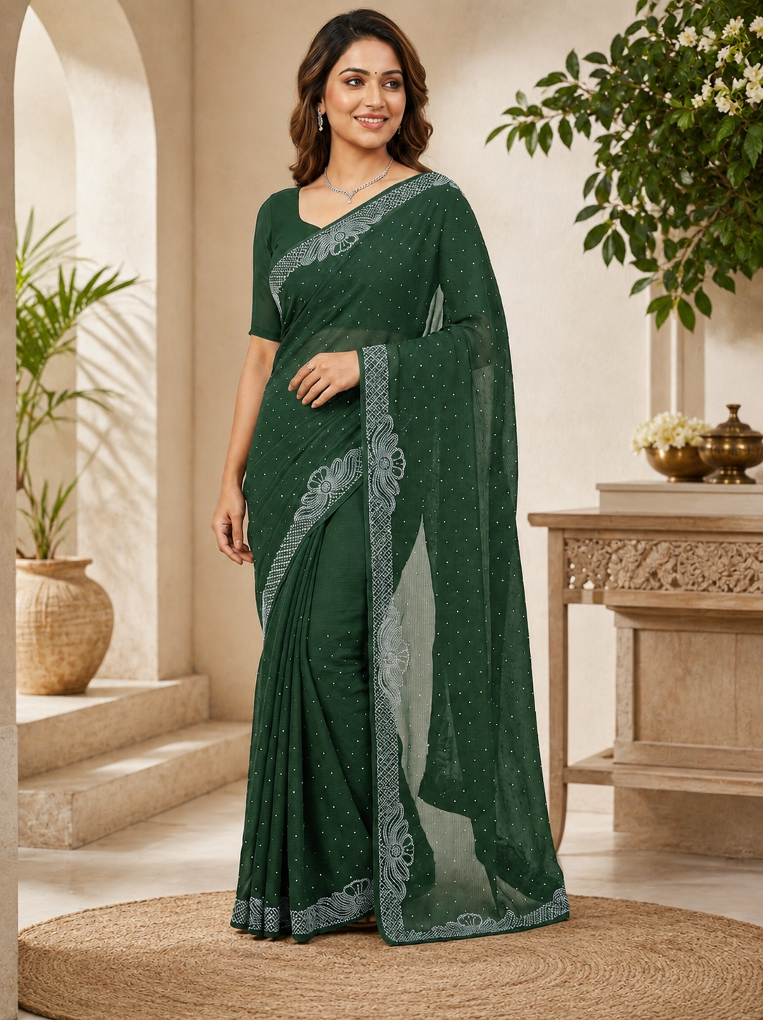 Women’s Dark Green Georgette Saree with Silver Embroidery Border | Designer Party Wear Saree for Wedding & Festive Collection