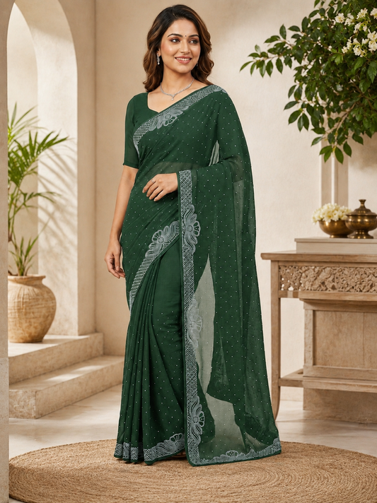 Women’s Dark Green Georgette Saree with Silver Embroidery Border | Designer Party Wear Saree for Wedding & Festive Collection