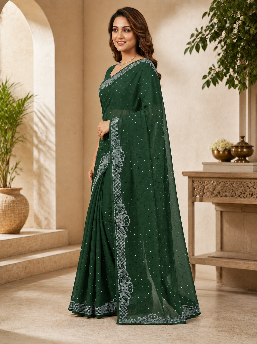 Women’s Dark Green Georgette Saree with Silver Embroidery Border | Designer Party Wear Saree for Wedding & Festive Collection
