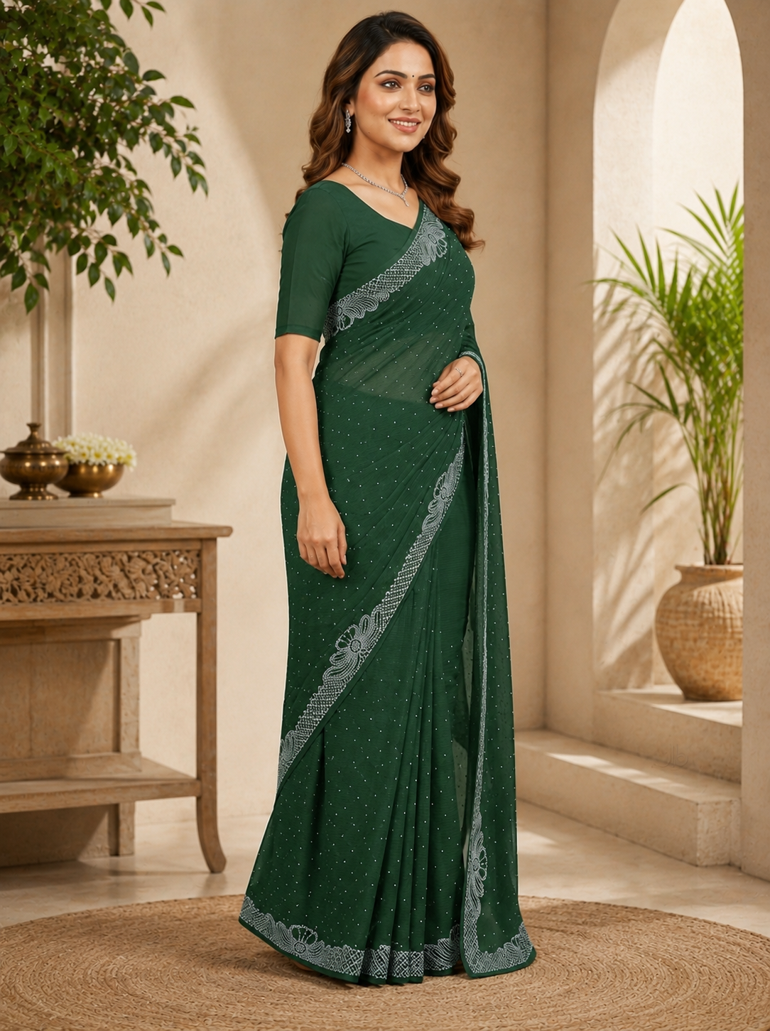 Women’s Dark Green Georgette Saree with Silver Embroidery Border | Designer Party Wear Saree for Wedding & Festive Collection