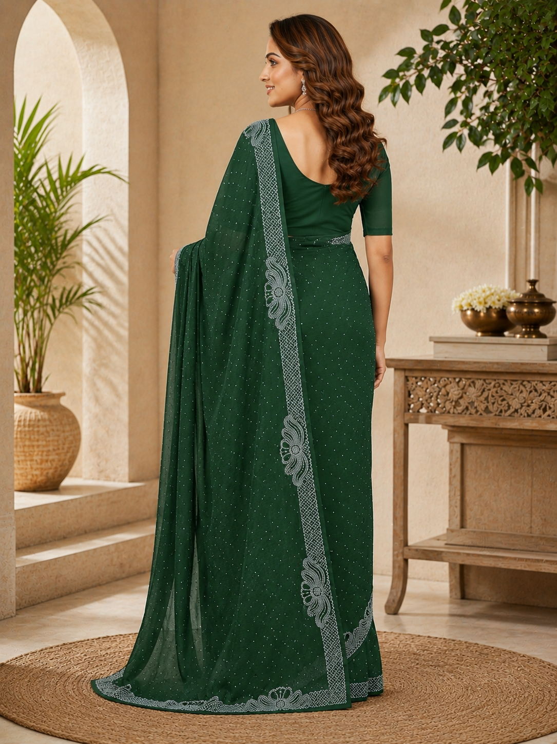 Women’s Dark Green Georgette Saree with Silver Embroidery Border | Designer Party Wear Saree for Wedding & Festive Collection