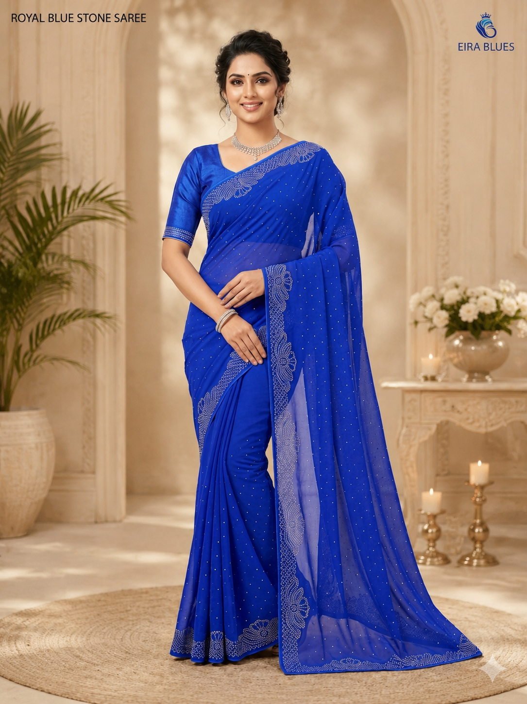 Women’s Royal Blue Georgette Saree with Silver Stone Work Border | Designer Party Wear Saree for Wedding & Festive Collection