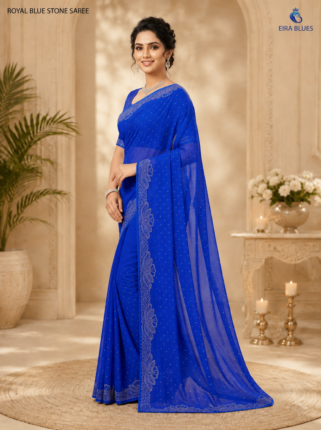 Women’s Royal Blue Georgette Saree with Silver Stone Work Border | Designer Party Wear Saree for Wedding & Festive Collection