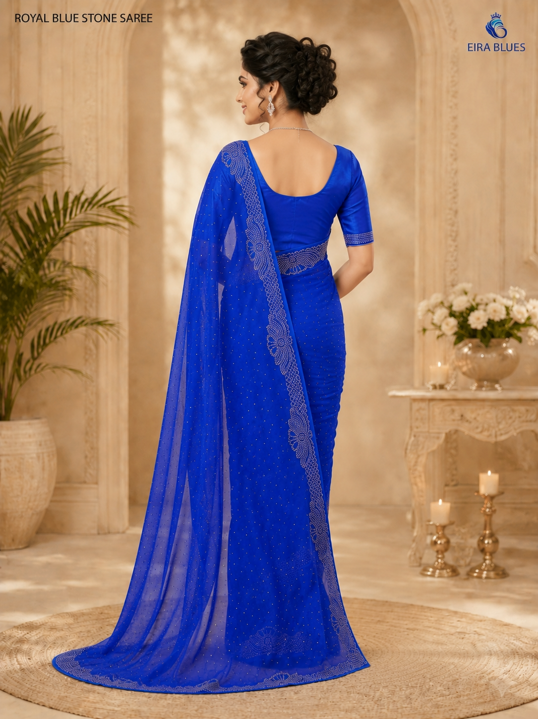 Women’s Royal Blue Georgette Saree with Silver Stone Work Border | Designer Party Wear Saree for Wedding & Festive Collection