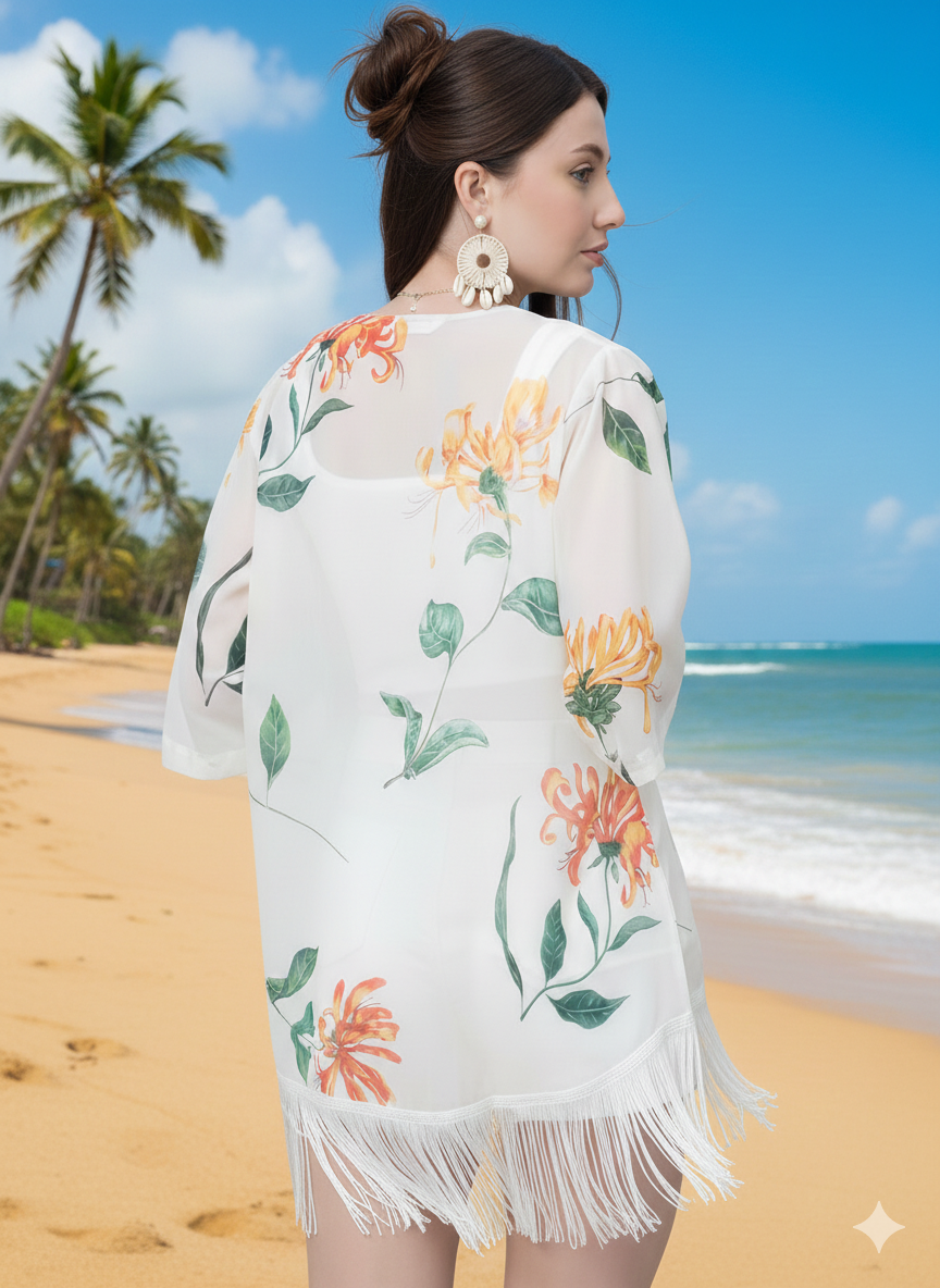 Floral Fringe Beach Kimono for Women | Summer Resort Wear | Kalaकन्या